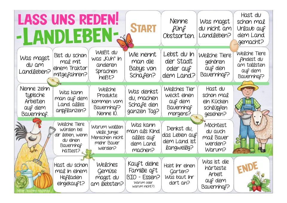 Color German game board: 26 prompts about country life, including naming five fruits and ten farm products
