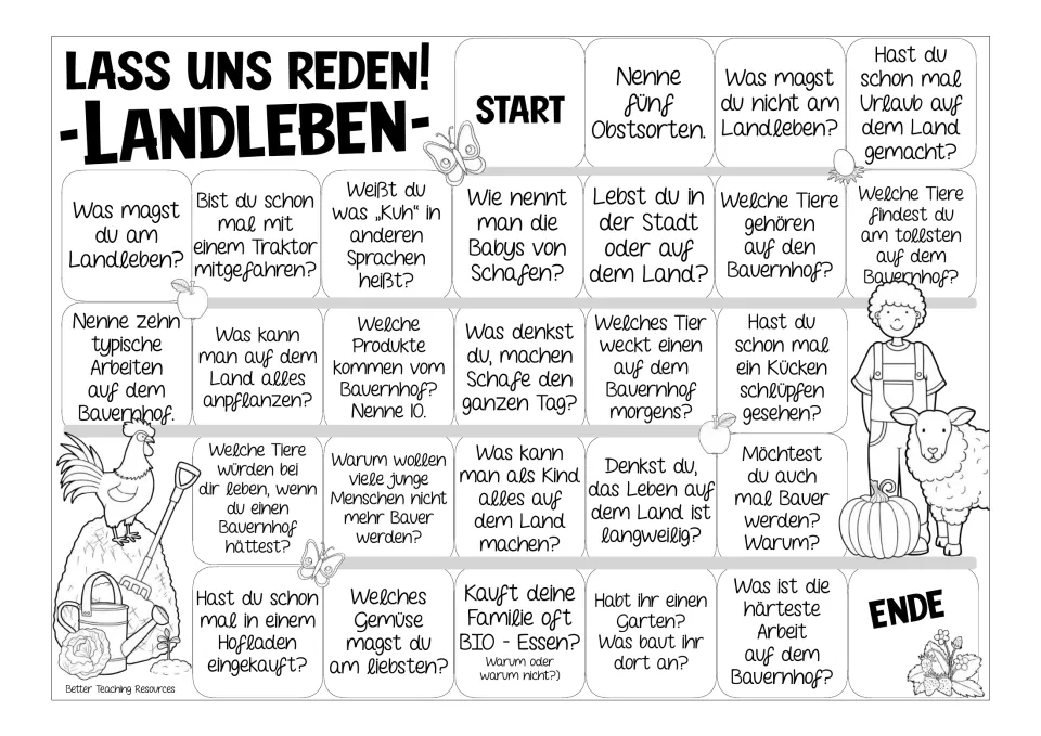 Black-and-white German game board: the same 26 country life prompts about farm animals, food, and chores