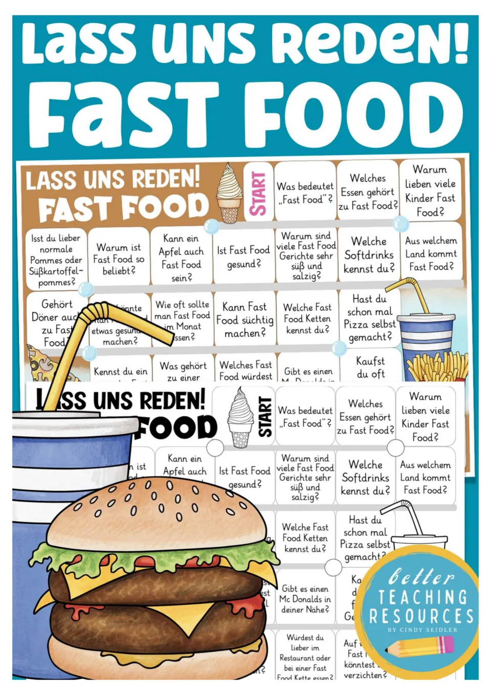 Cover of the German fast food board game, titled 'Lass uns reden!' (Let's talk!), showing both versions