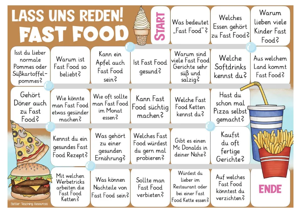 Color German game board with 26 fast food prompts about food choices, health, soft drinks, and advertising
