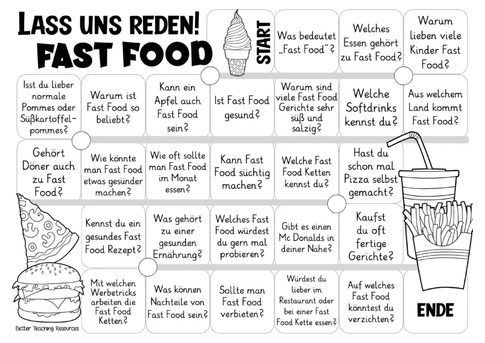 Black-and-white German game board repeating 26 prompts about fast food, nutrition, preferences, and habits