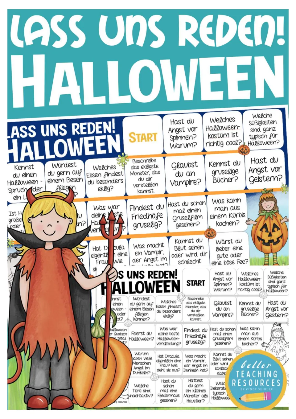 Cover for the German Halloween conversation game, titled 'Lass uns reden!' (Let's talk!), with board previews