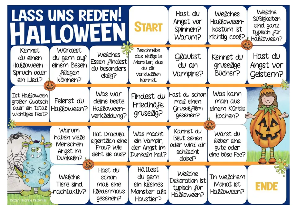 Color German Halloween game board with 26 prompts about spiders, costumes, vampires, pumpkins, and more