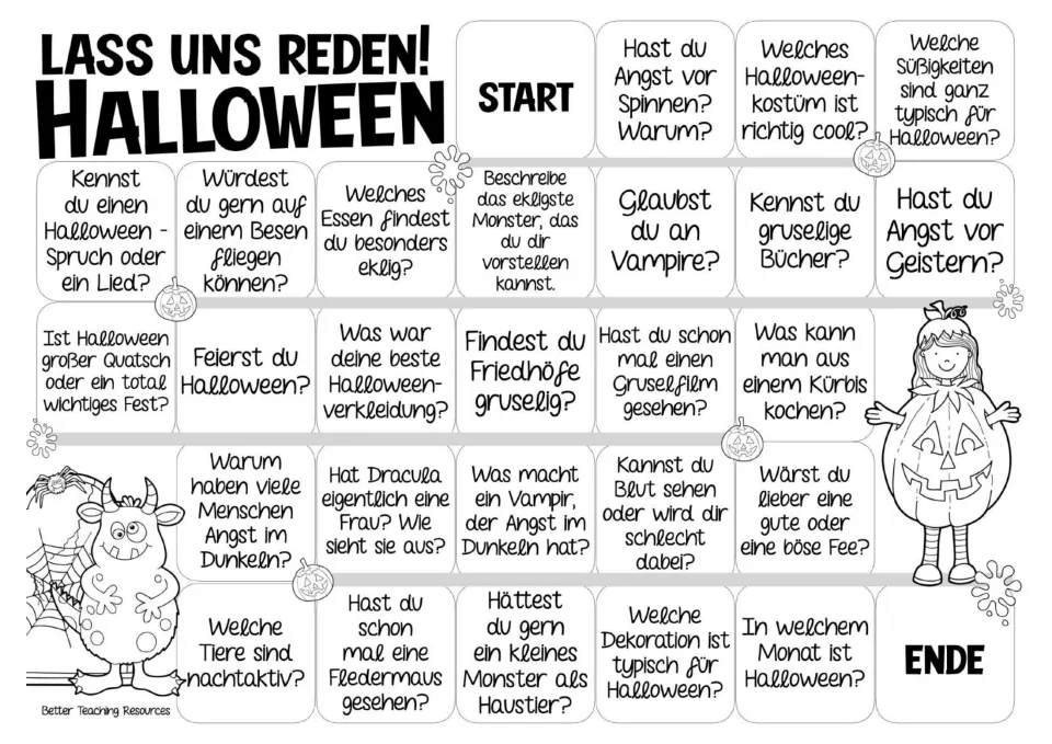 Black-and-white German Halloween game board repeating the 26 prompts about costumes, fears, and traditions
