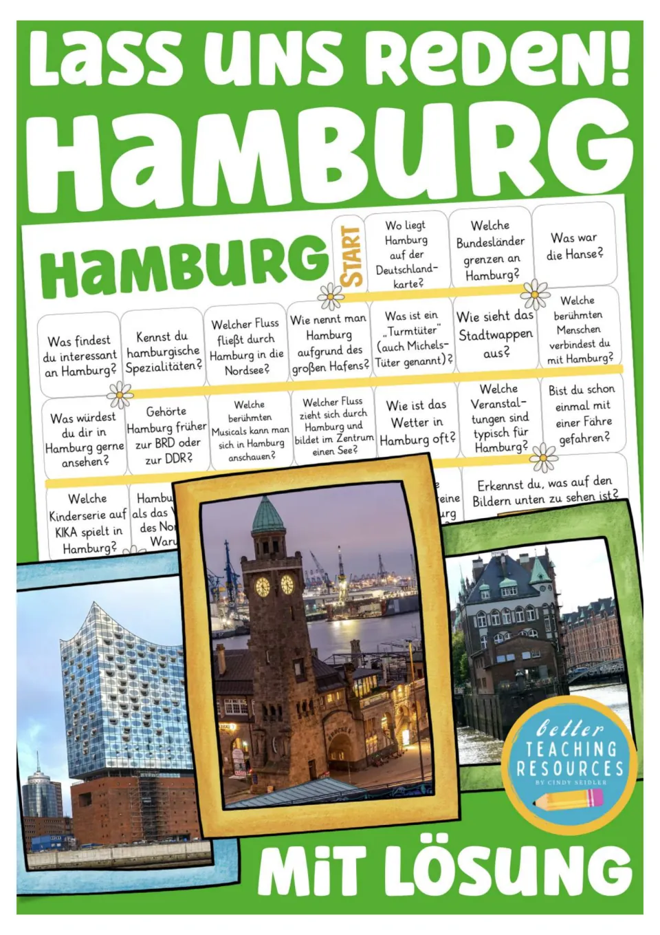 Cover of the Hamburg German board game, titled 'Lass uns reden!' (Let's talk!), noting included answers