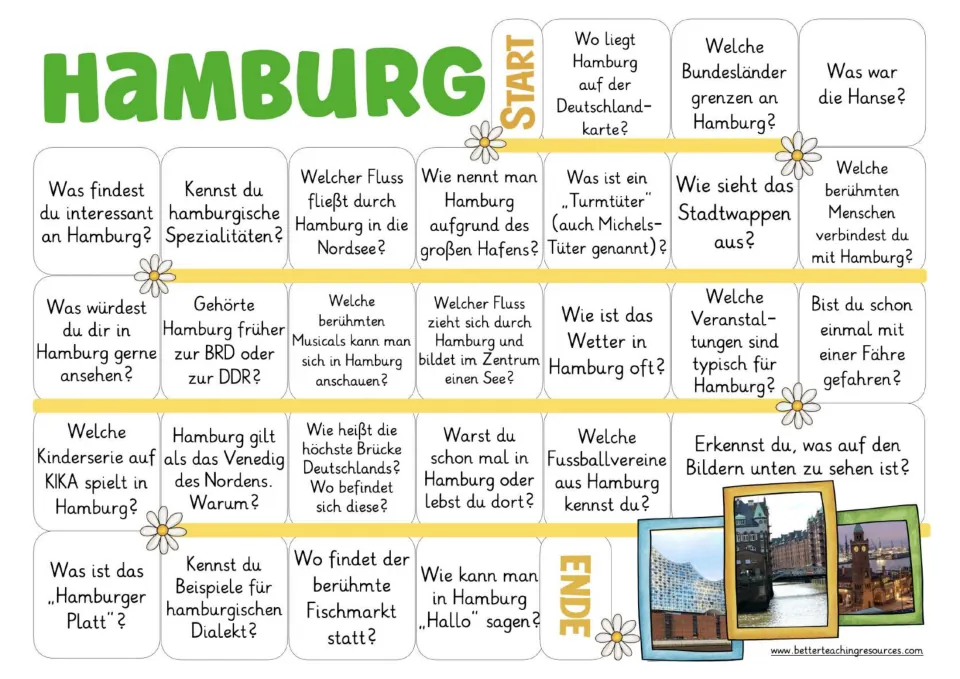 Hamburg game board in German asks about rivers, food, history, dialect, soccer teams, and landmark photos