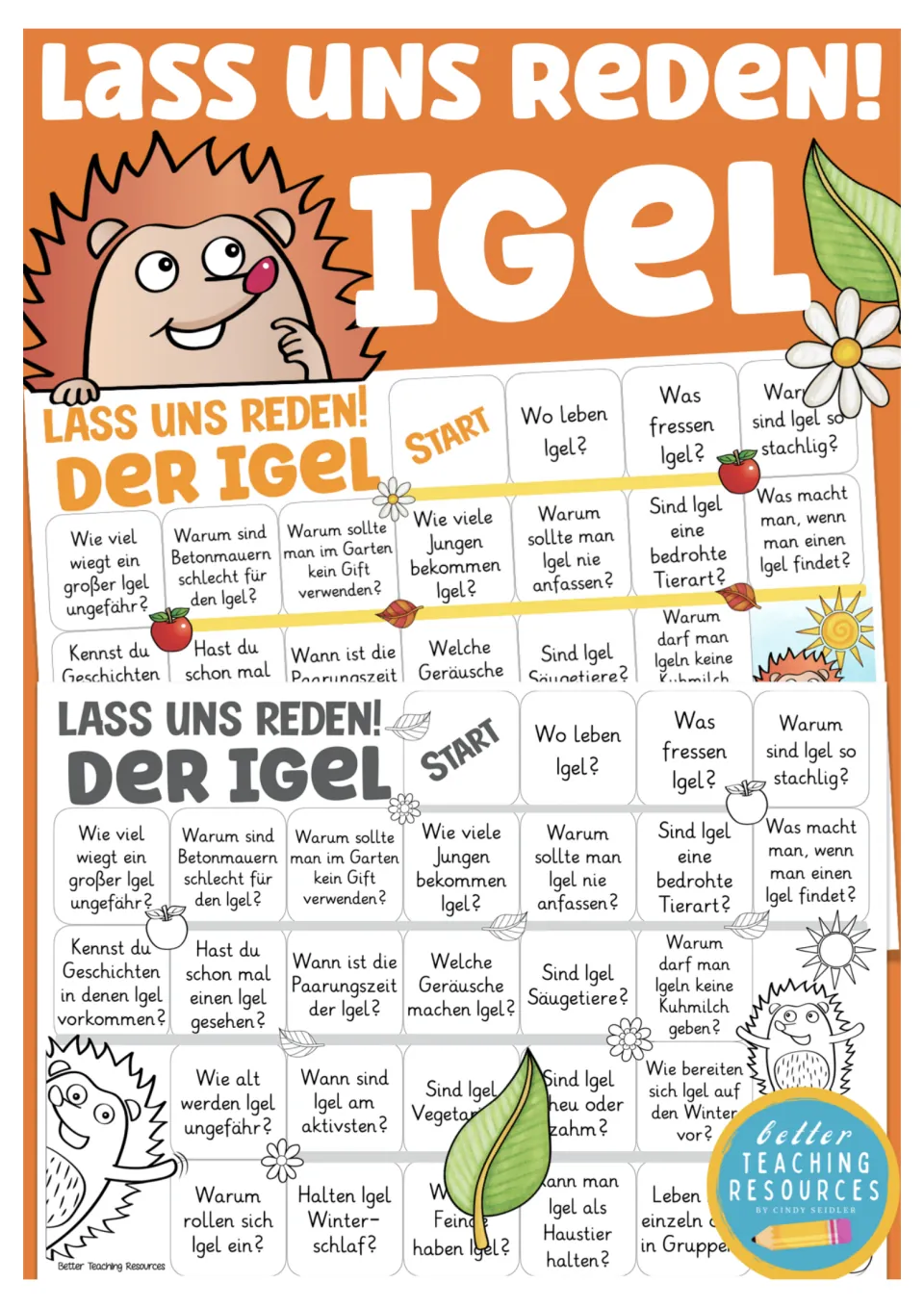 Cover for the German hedgehog board game, titled 'Lass uns reden!' (Let's talk!), showing both versions