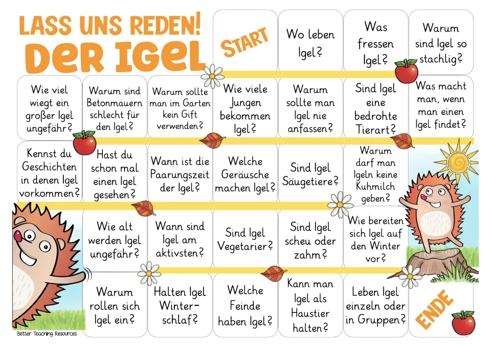 Color German game board with 26 hedgehog questions about habitat, food, spines, hibernation, and more