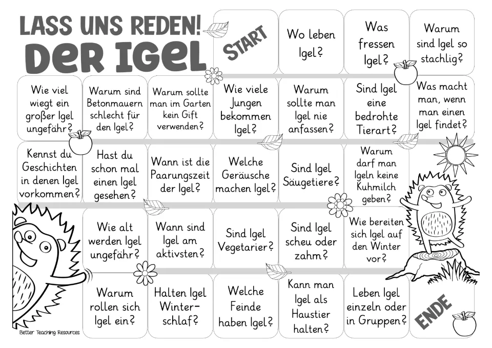 Black-and-white German game board repeating 26 hedgehog questions about lifespan, predators, and more