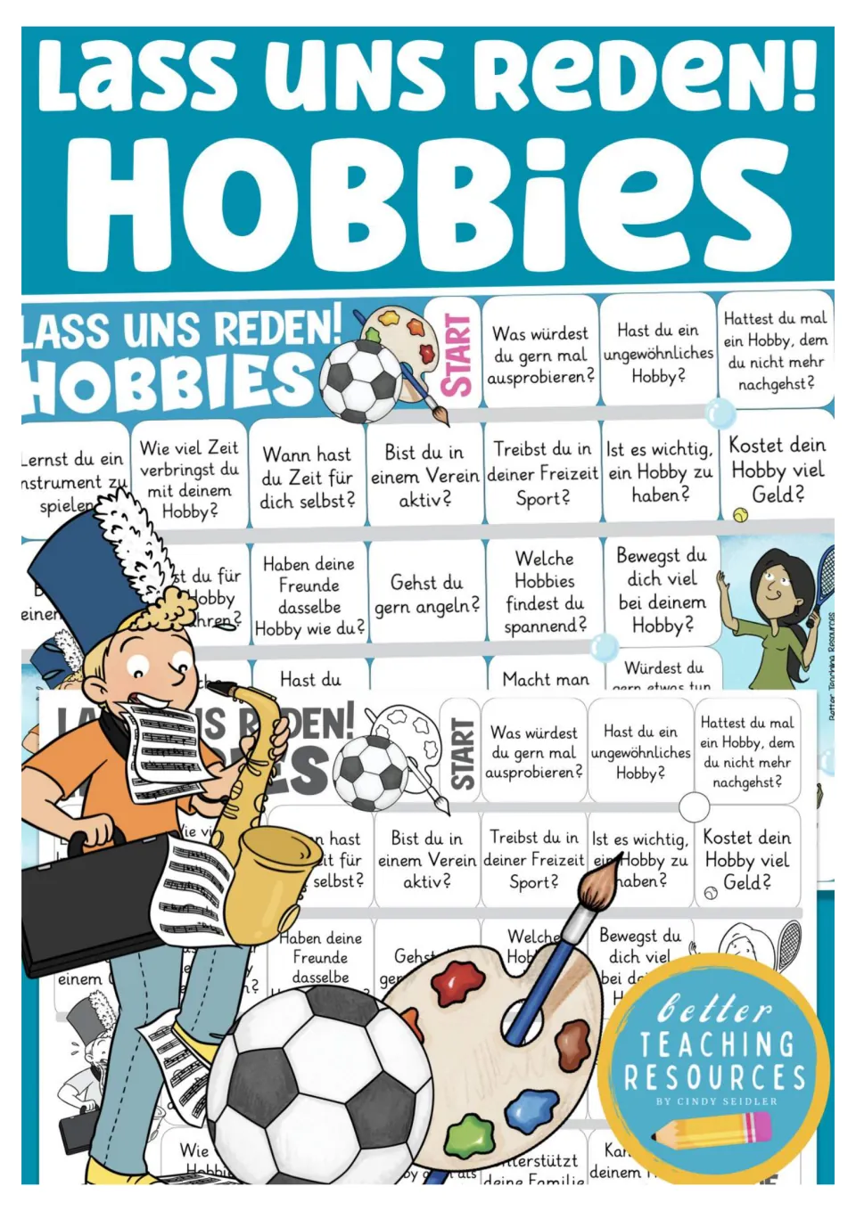 Cover of the German hobbies board game, titled 'Lass uns reden! Hobbies' (Let's talk! Hobbies)