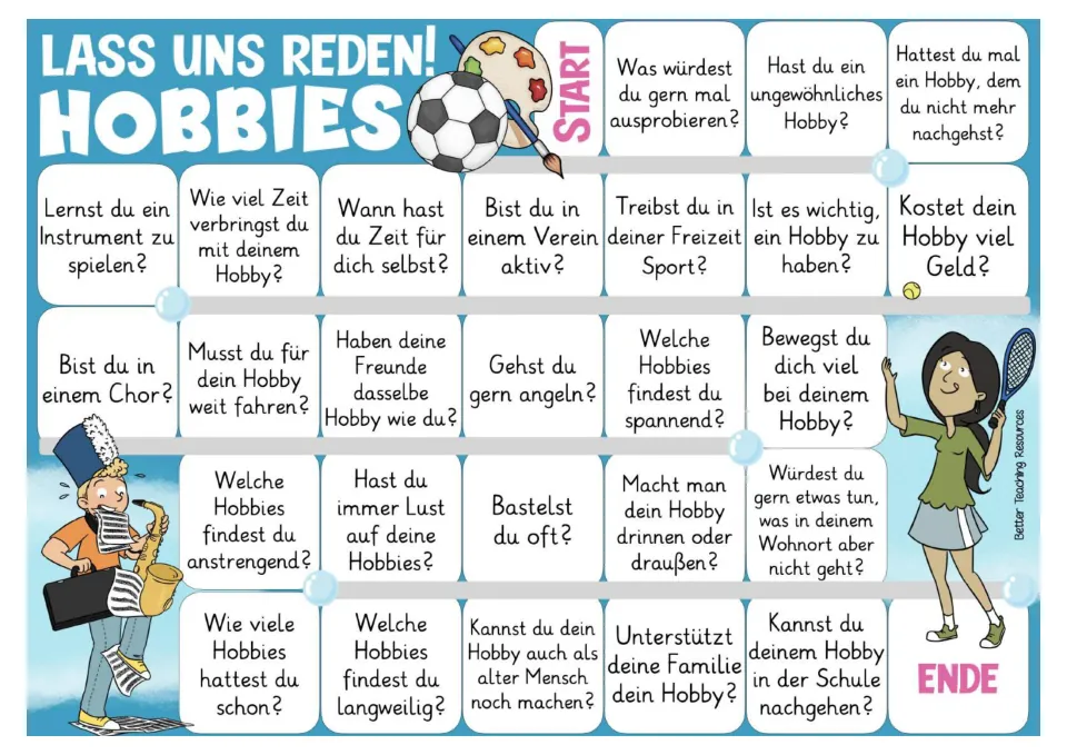 Color German hobbies game board with 26 questions about sports, music, clubs, free time, and other interests