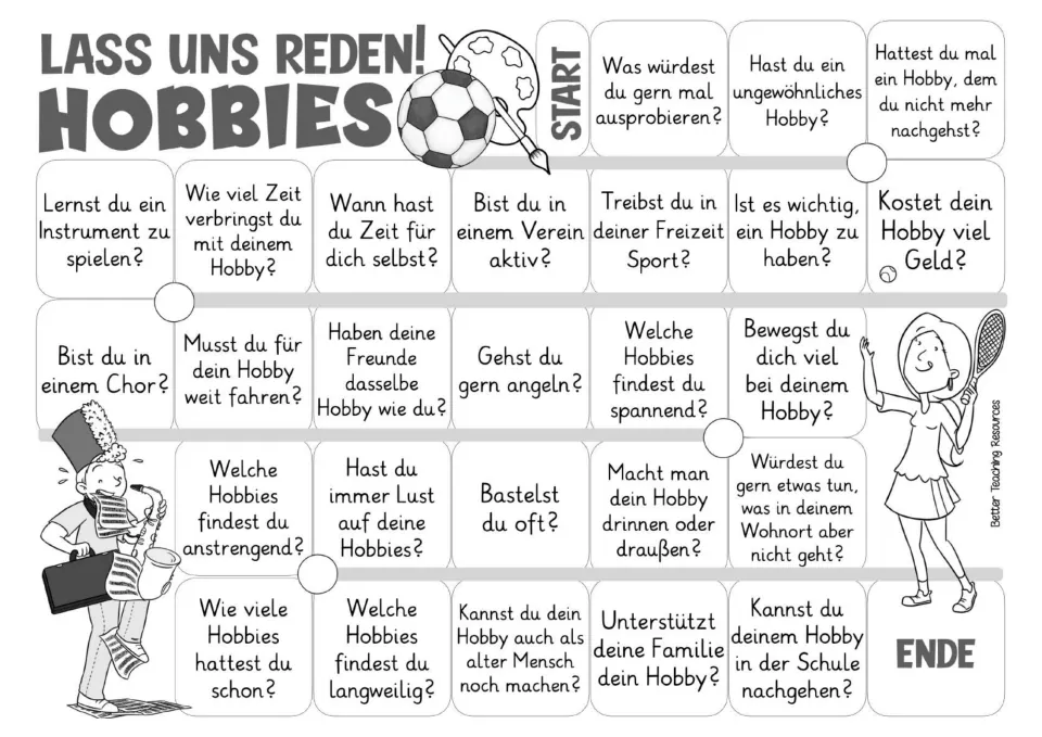 Black-and-white German hobbies game board with the same 26 questions, including hobby costs and family support