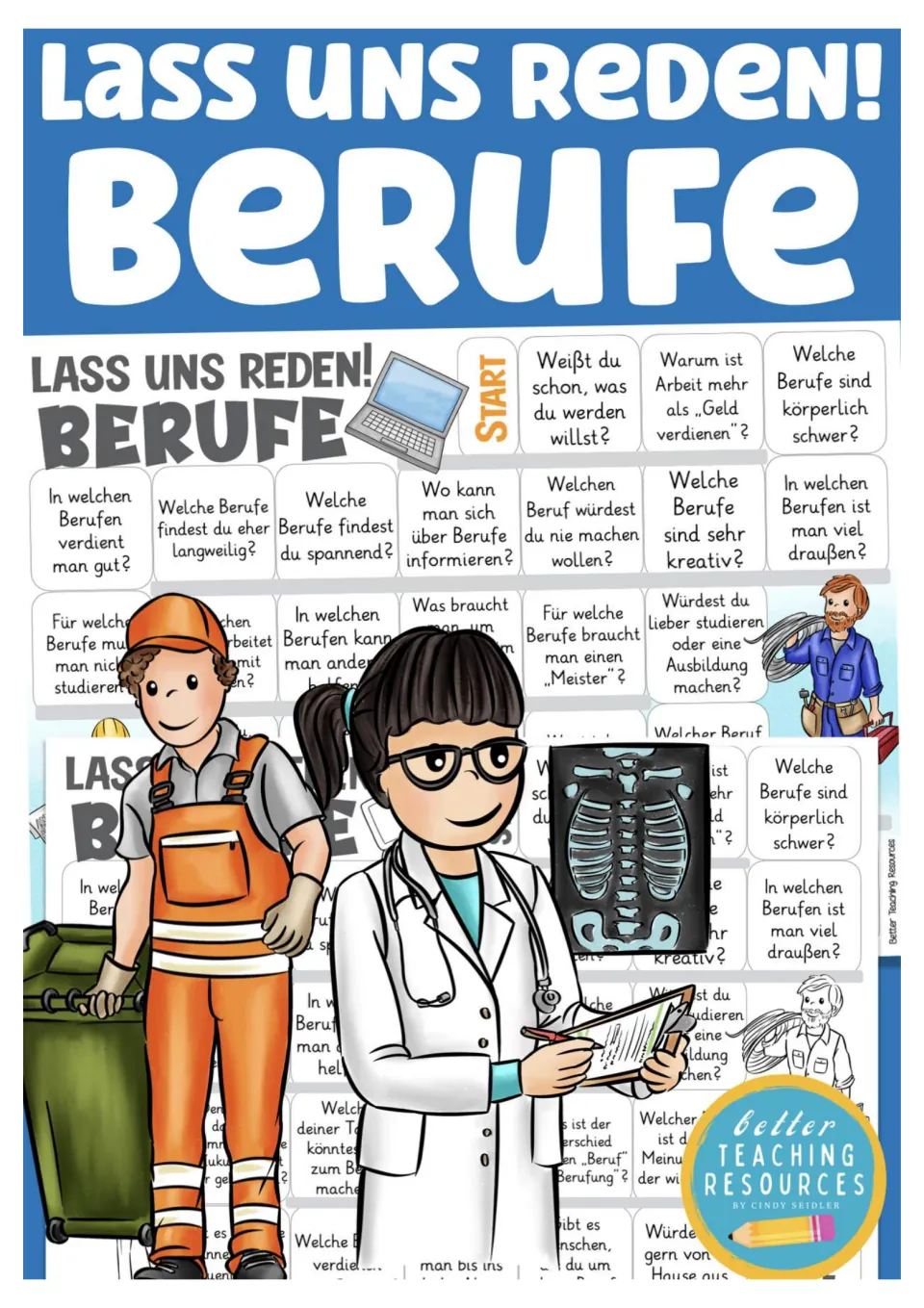 Cover for the German jobs board game, titled “Lass uns reden! Berufe” (Let's talk! Jobs), with board previews