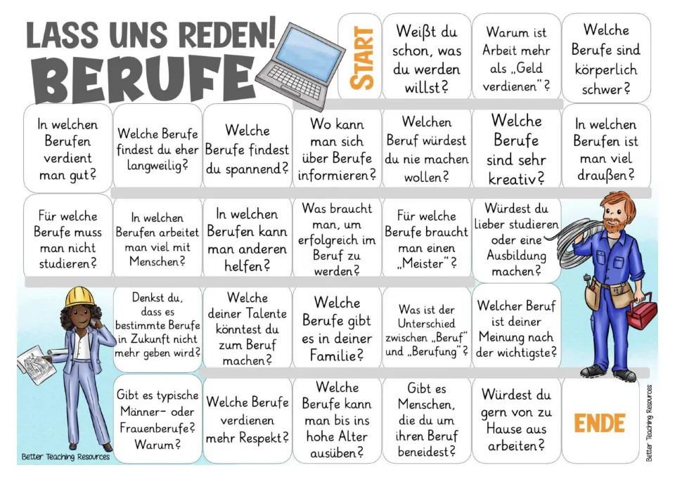 Color game board with 26 German questions about jobs, including career goals, pay, creativity, and training