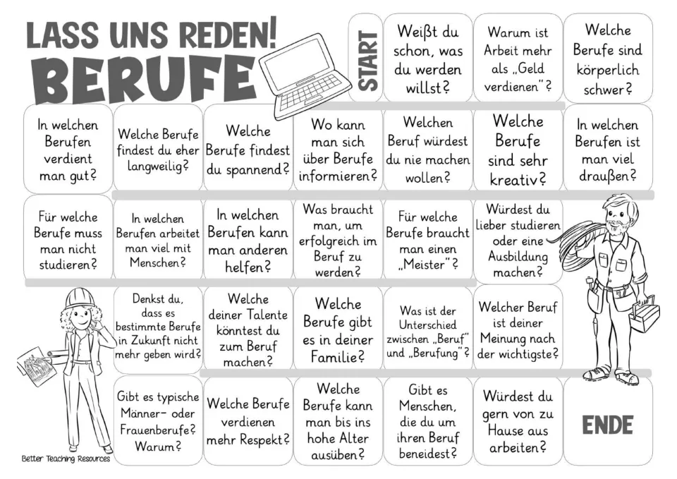 Black-and-white game board repeating the 26 German job questions about career goals, pay, and training
