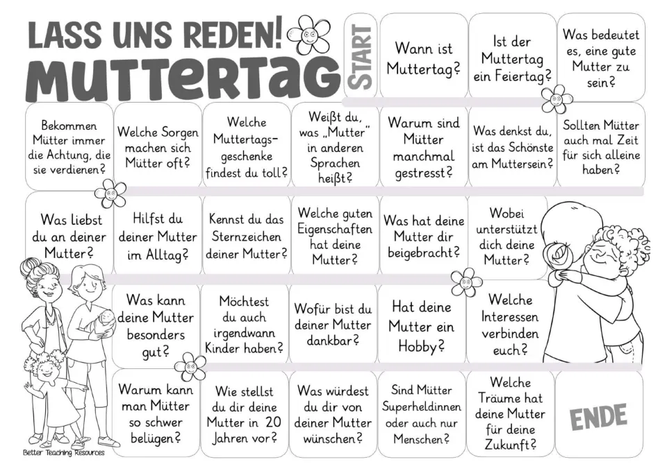 Black-and-white German game board: the same 26 questions about Mother's Day, gratitude, and mothers' hopes