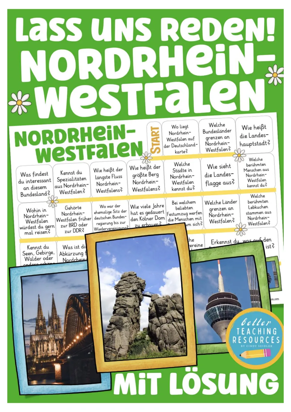 Cover of the North Rhine-Westphalia German conversation game, showing the question board and landmarks