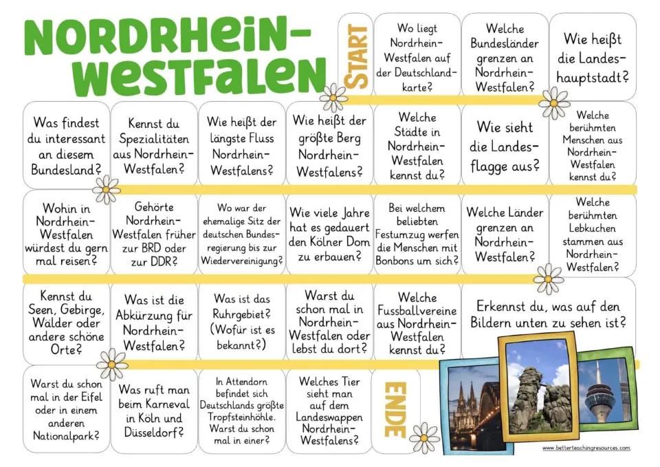 German game board asking about North Rhine-Westphalia's capital, rivers, food, landmarks, and carnival