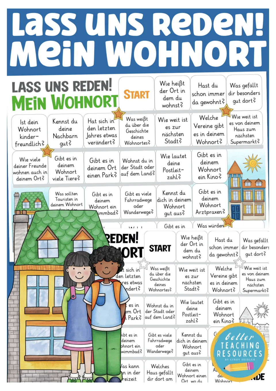 Cover for the German conversation game Mein Wohnort (My Place of Residence), showing both board versions