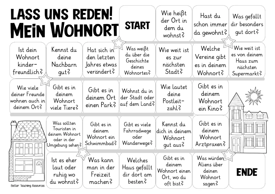 Black-and-white German game board with 26 questions about players' hometowns, neighbors, and local places