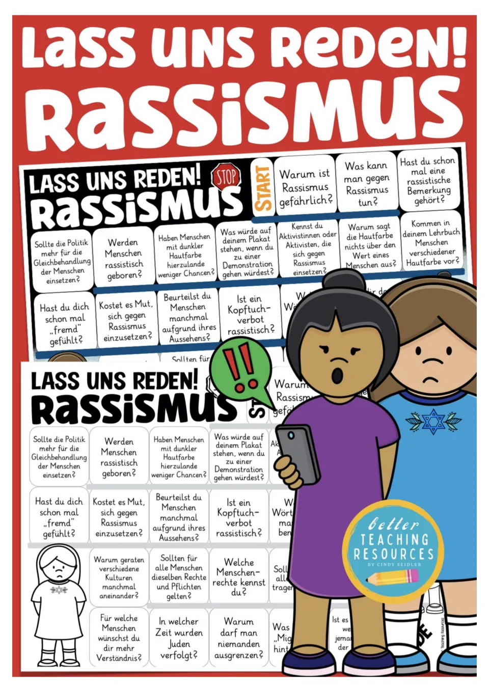 Cover of the German racism discussion game, titled “Lass uns reden!” (Let's talk!), showing both boards