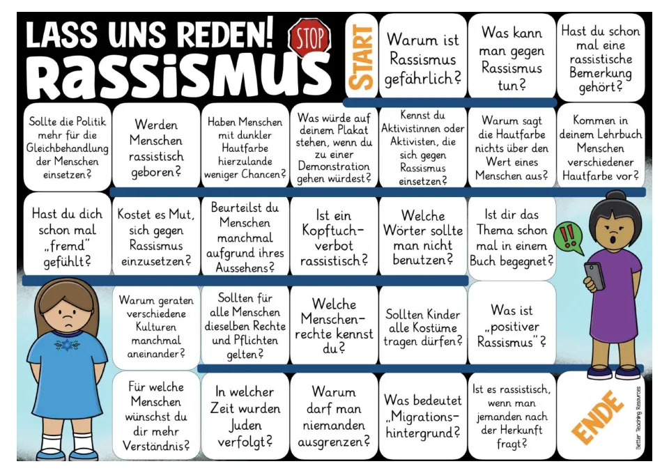 Color German game board with 26 questions about racism, equal rights, skin color, exclusion, and migration