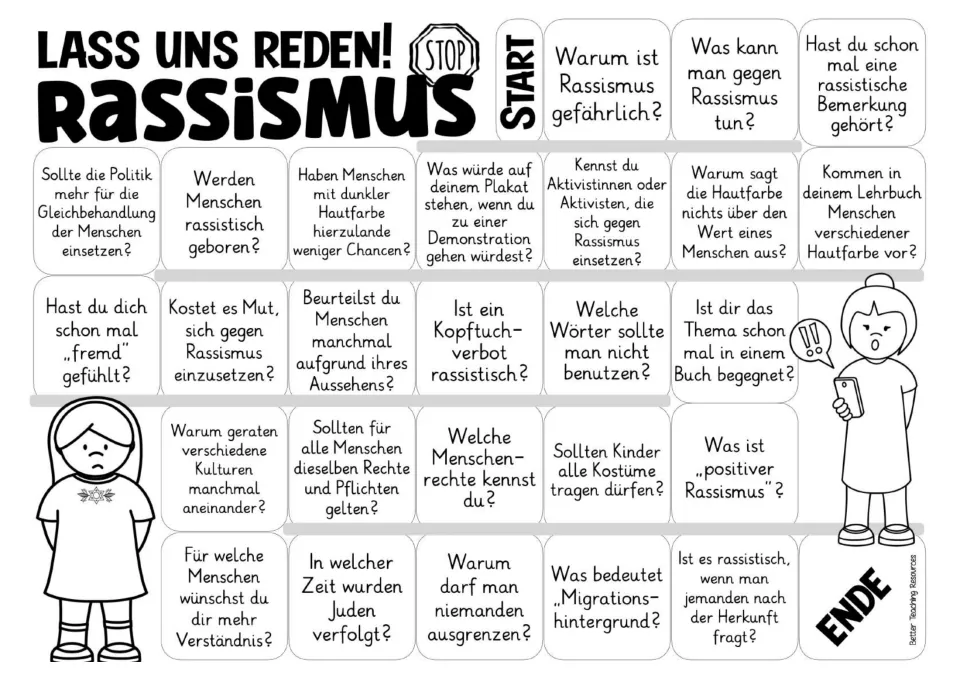 Black-and-white German game board repeating the 26 questions about racism, human rights, and prejudice
