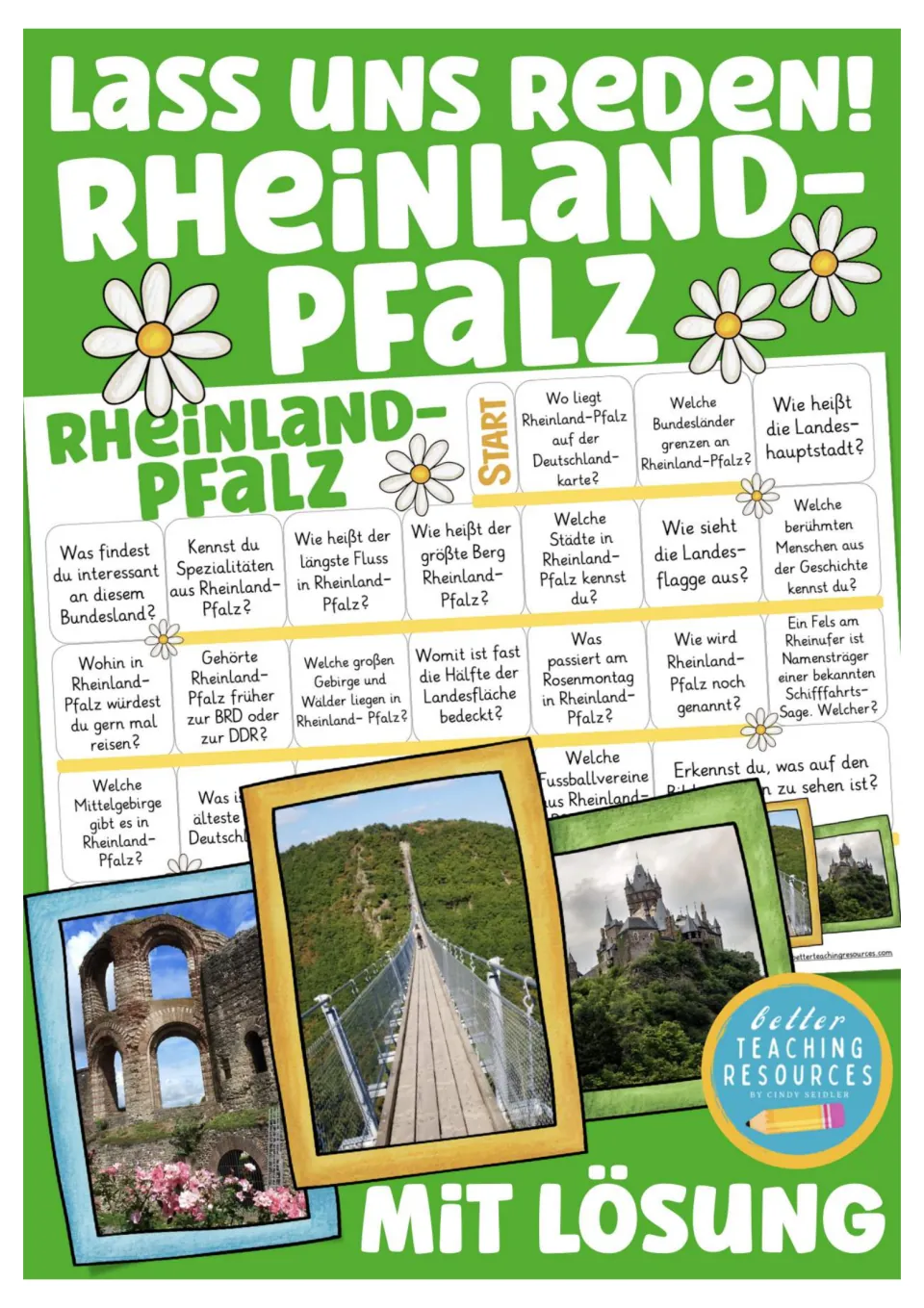 Cover of the Rhineland-Palatinate German board game, showing sample questions and three landmark photos