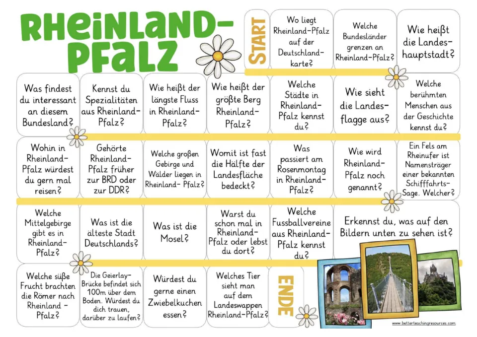 German game board asking about Rhineland-Palatinate's capital, rivers, foods, history, and pictured landmarks
