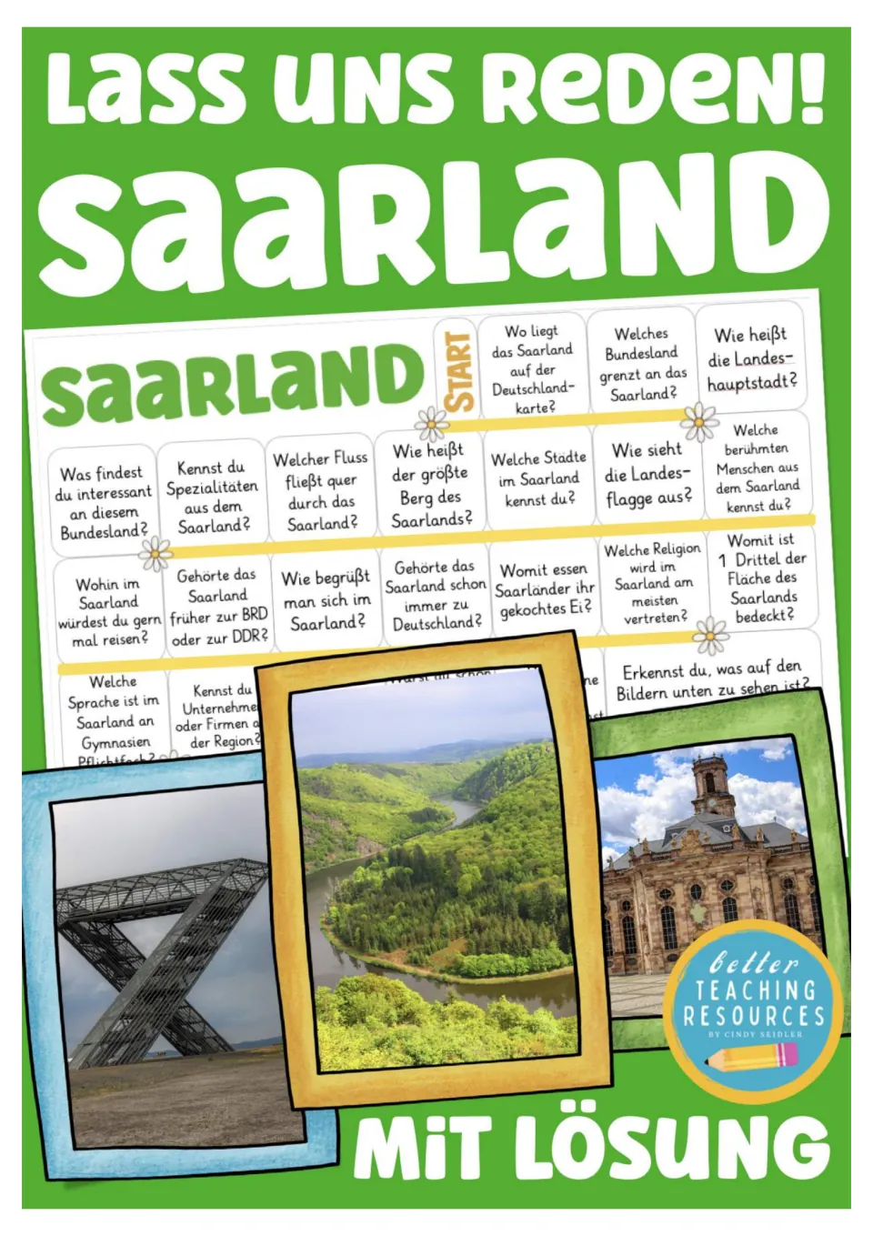 Cover of the Saarland German conversation game, showing the question board and three landmark photos.