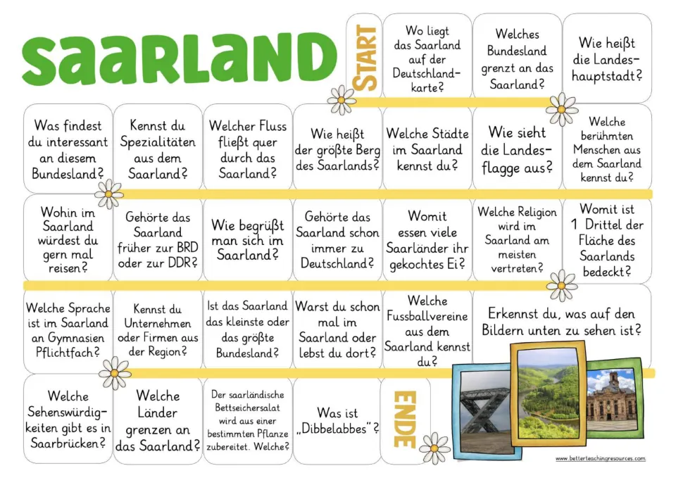 German game board: questions about Saarland's capital, food, geography, culture, and three landmark photos.