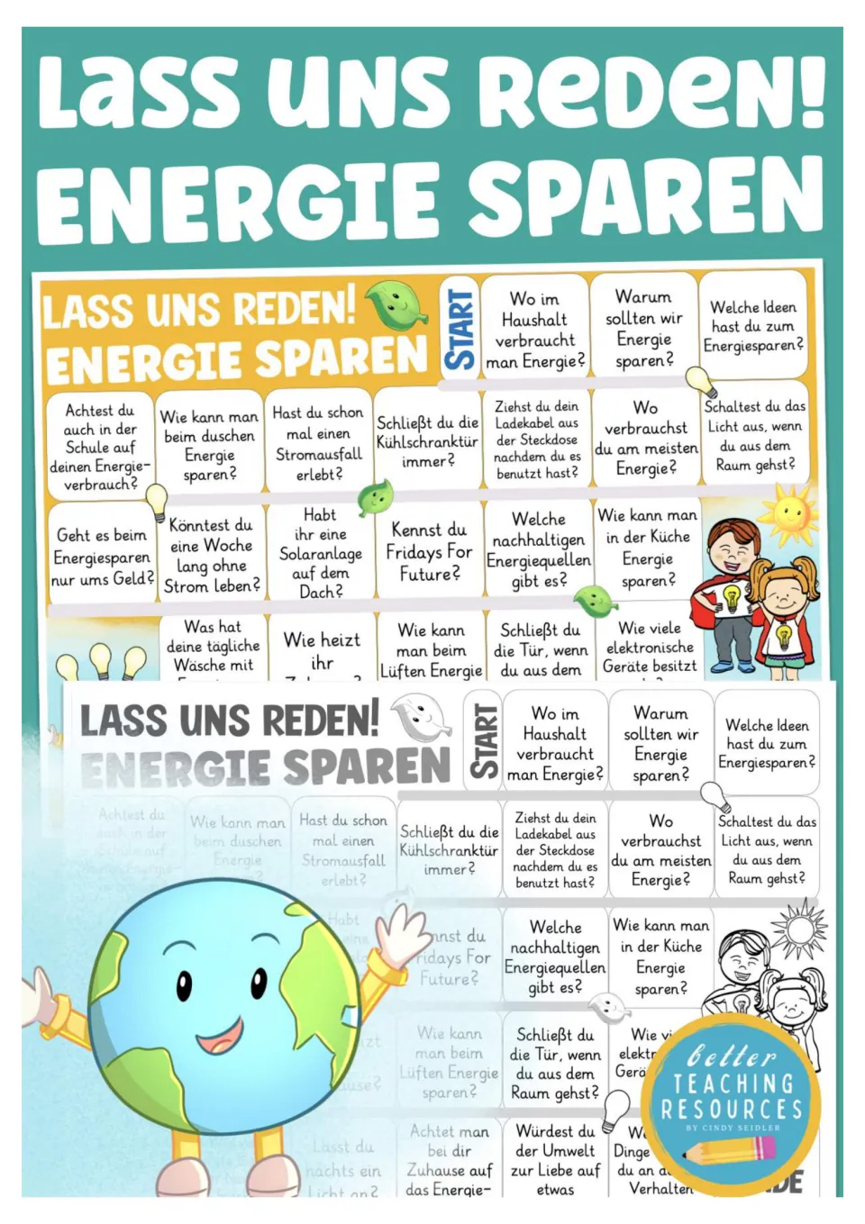 Cover of the German energy-saving board game, showing previews of the color and black-and-white boards.