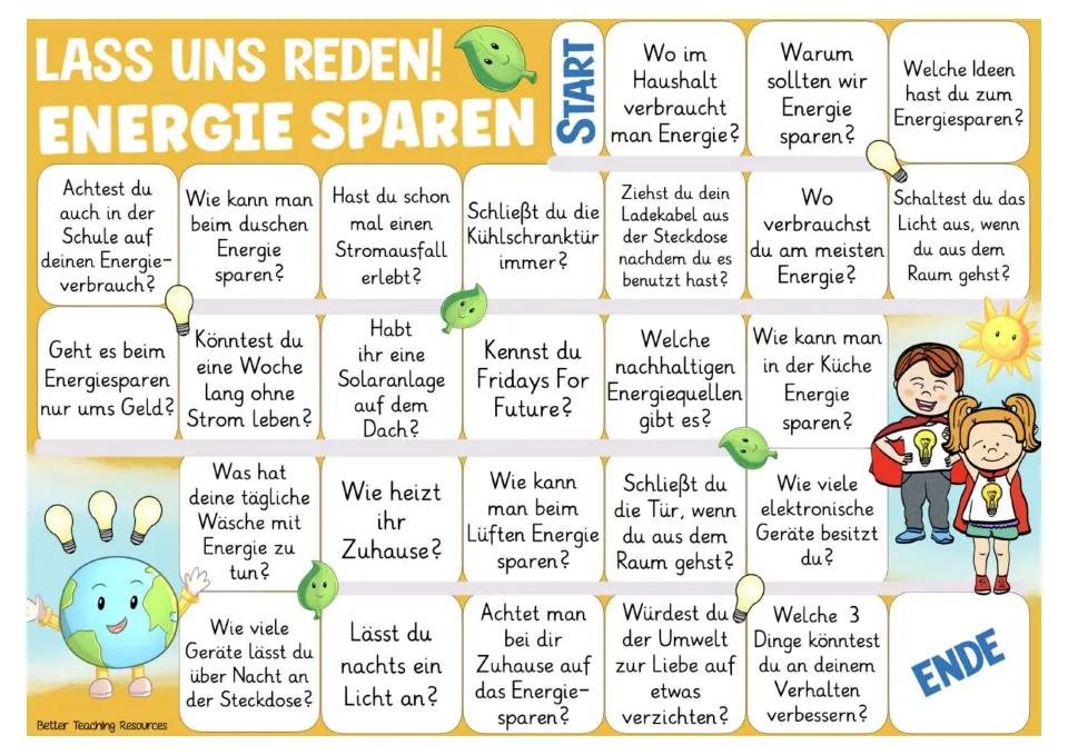 Color game board with 26 German questions about saving energy, from household use to changing behavior.