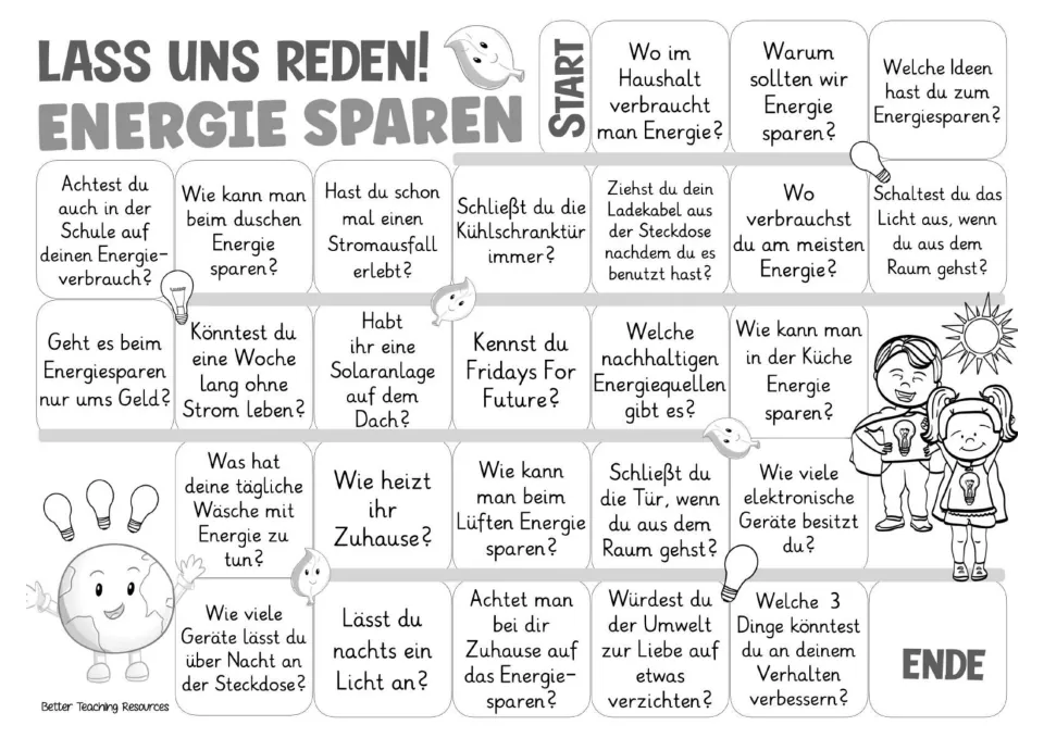 Black-and-white version of the 26-question German game board about electricity, heating, and saving energy.