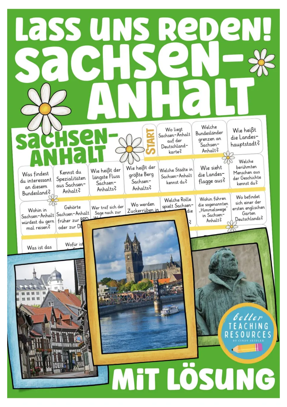 Cover of the Saxony-Anhalt German board game, labeled 'Lass uns reden!' (Let's talk!) and 'Mit Lösung' (with answers)