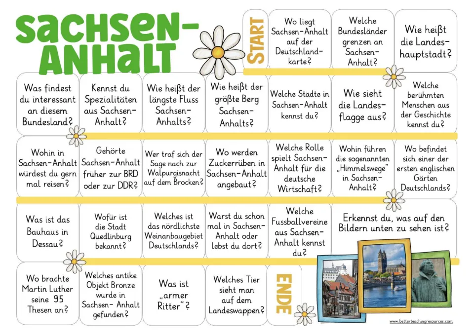 German game board asks about Saxony-Anhalt's capital, rivers, landmarks, local foods, and Martin Luther.