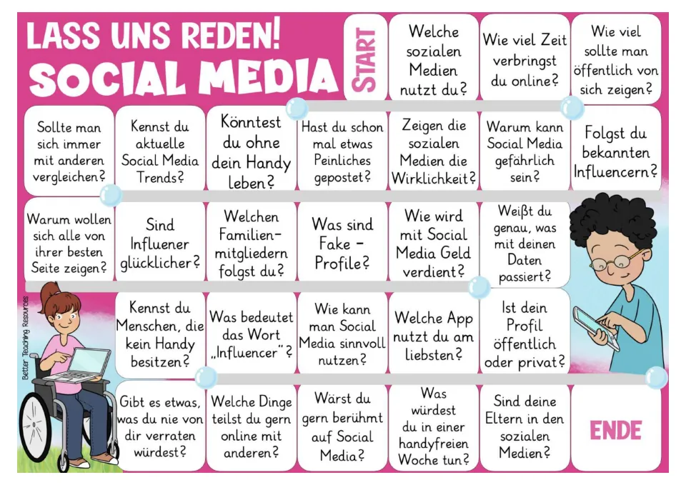 Color German game board with 26 social media questions about online time, influencers, privacy, and apps