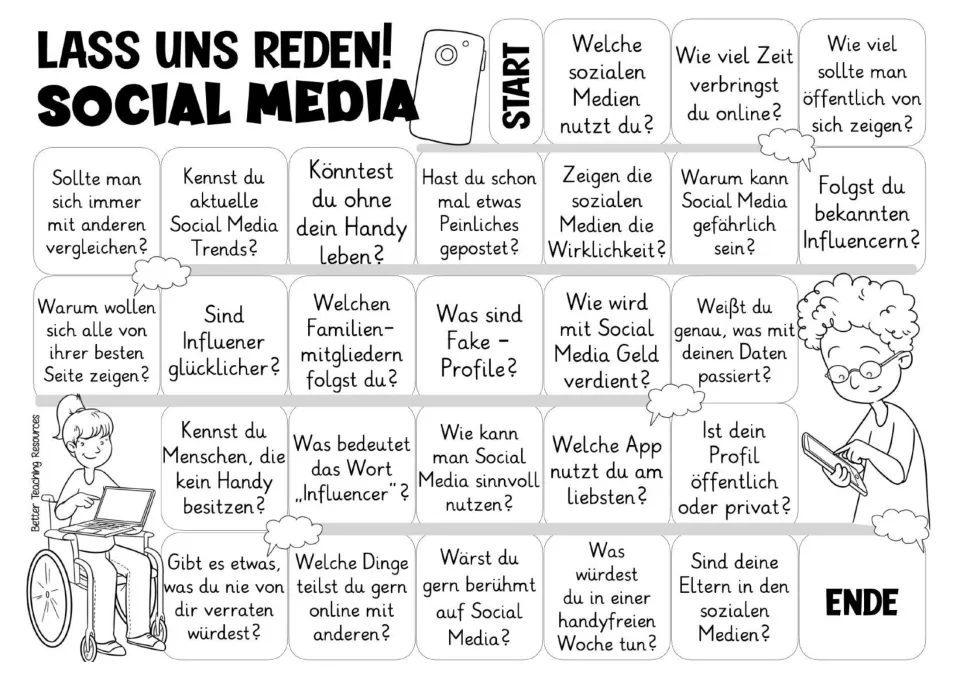 Black-and-white German game board repeating 26 questions about social media, fake profiles, and phone use