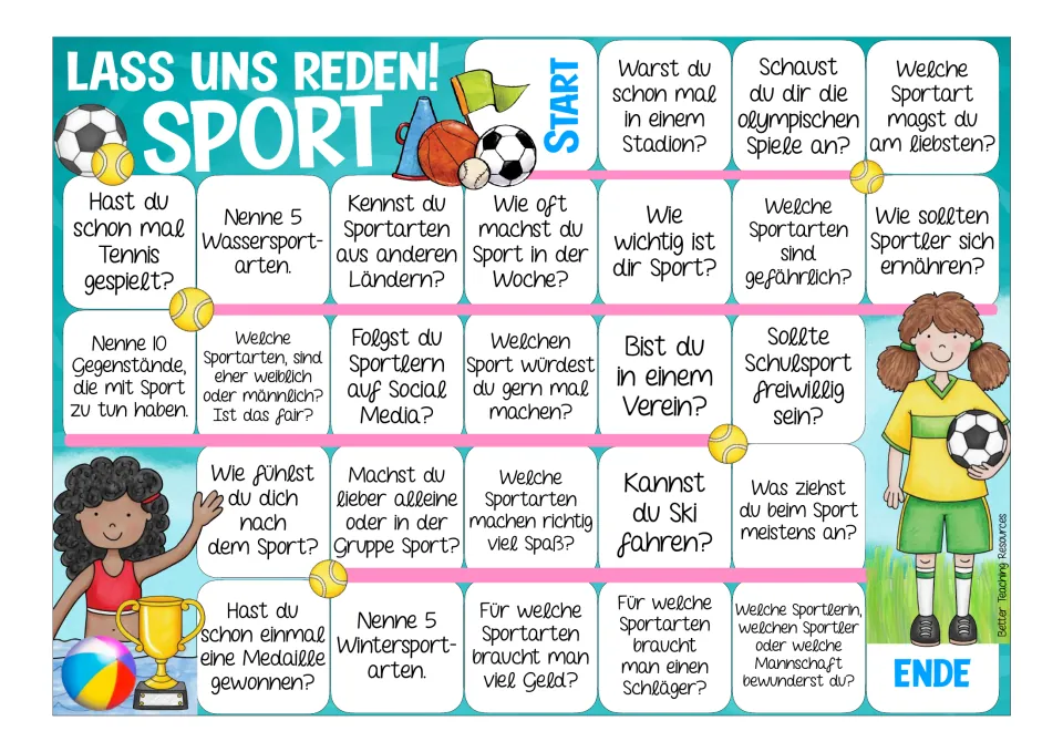 Full-color German game board with 26 sports prompts about favorite sports, exercise habits, and equipment.