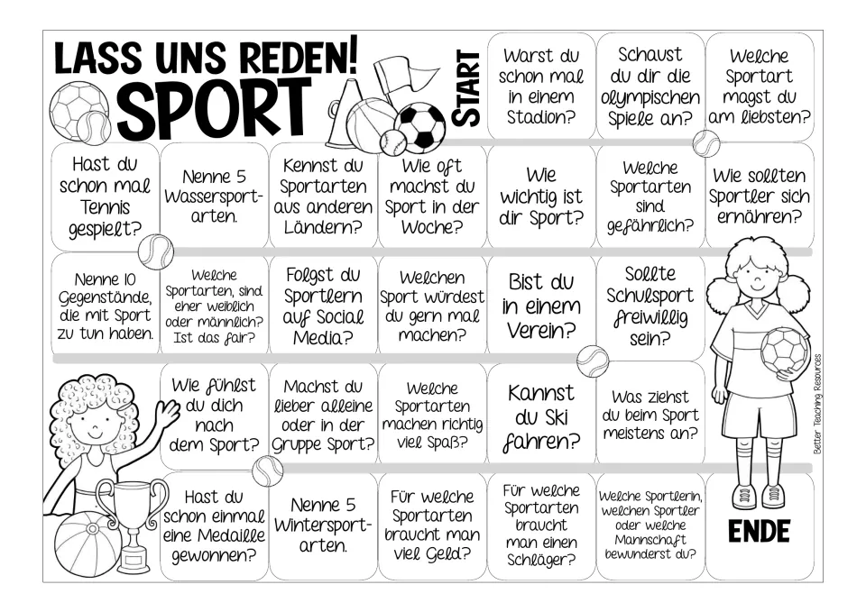 Black-and-white German game board repeating 26 sports prompts about teams, skiing, medals, and more.