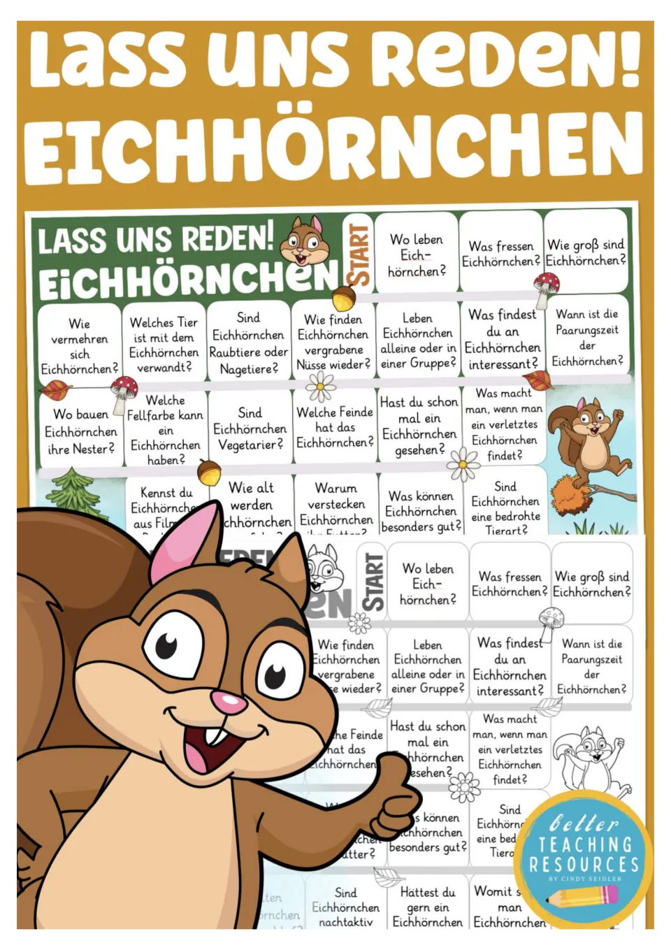 Cover of the German squirrel board game, titled 'Lass uns reden! Eichhörnchen' (Let's talk! Squirrels)