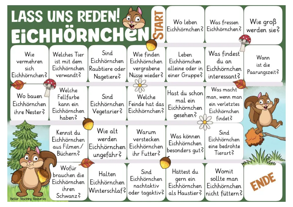 Color German game board with 26 squirrel prompts about habitat, food, nesting, behavior, and predators