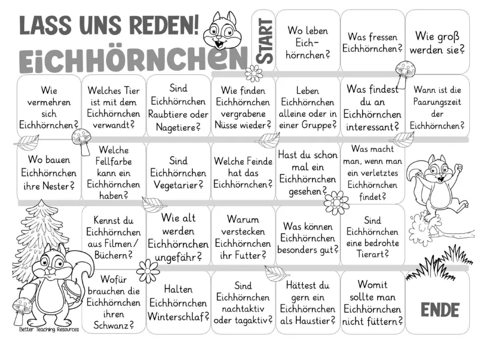 Black-and-white German game board repeating 26 squirrel prompts, including lifespan and food storage