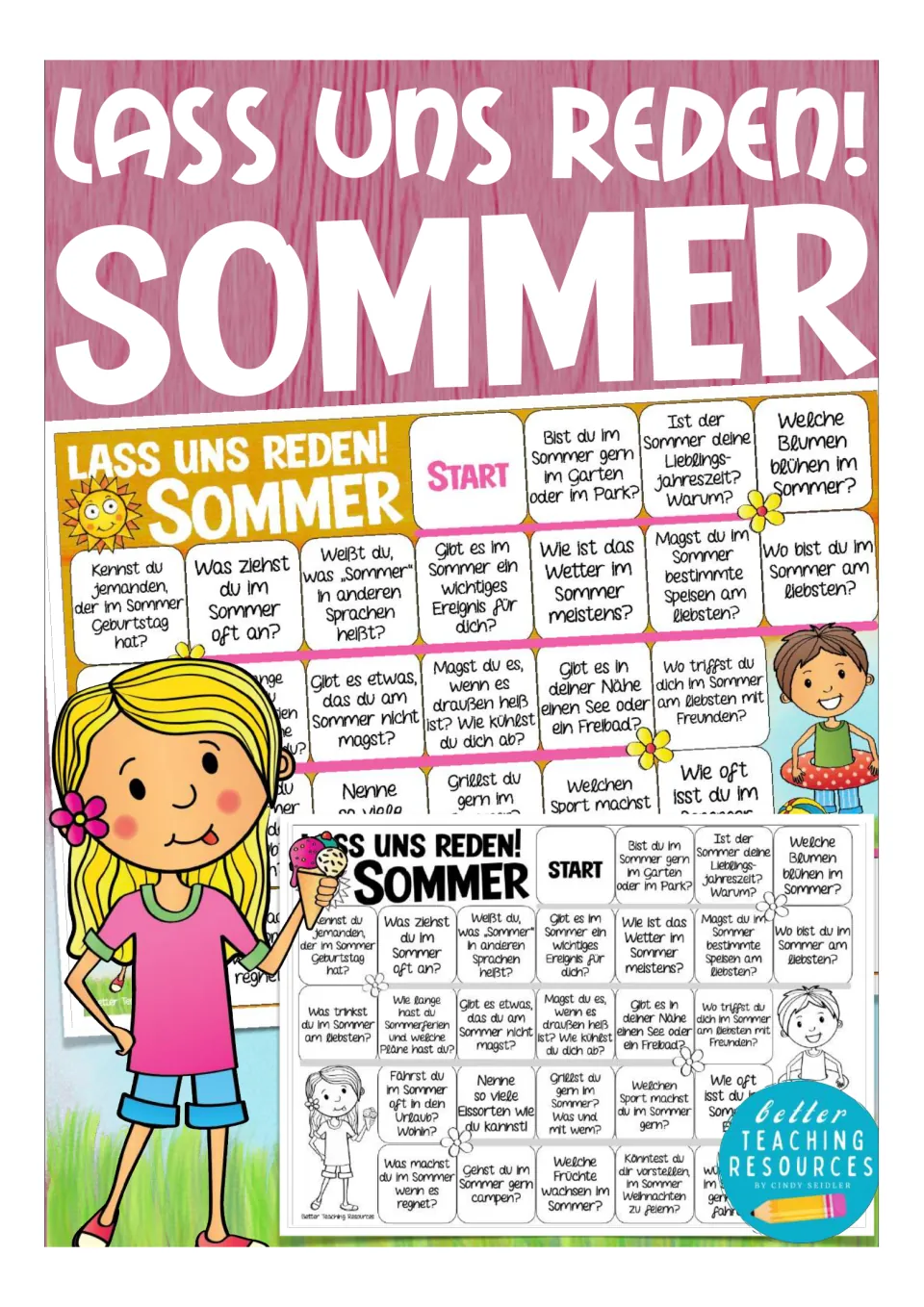 Cover of the German summer conversation game, showing color and black-and-white versions of the board.