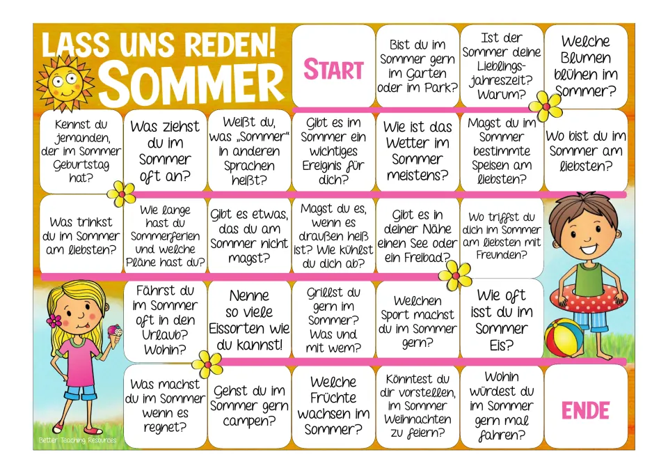Color German game board with 26 summer prompts about weather, clothing, vacations, food, and activities.