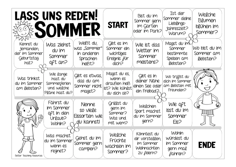 Black-and-white version of the 26-prompt German summer conversation board, from Start to Ende (end).