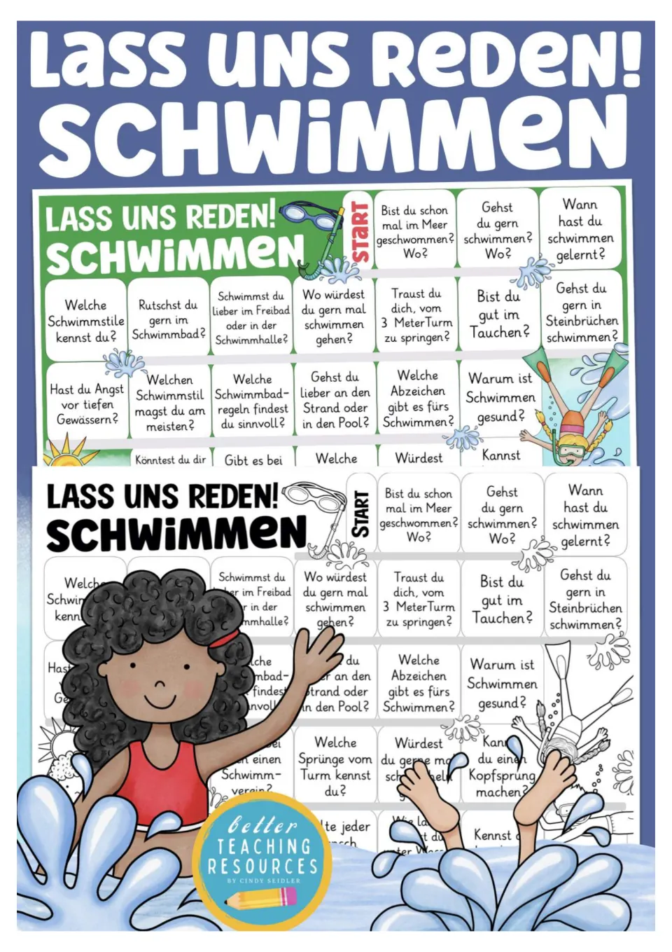 Cover of the German swimming conversation game, showing color and black-and-white versions of the board.