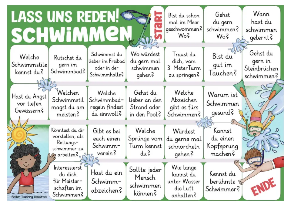 Color game board with 26 German swimming questions about strokes, pool rules, diving, and swimming badges.