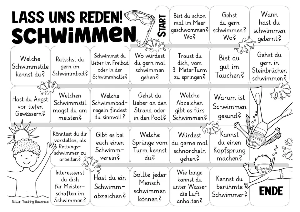 Black-and-white version of the 26-question German swimming board, from ocean swimming to famous swimmers.