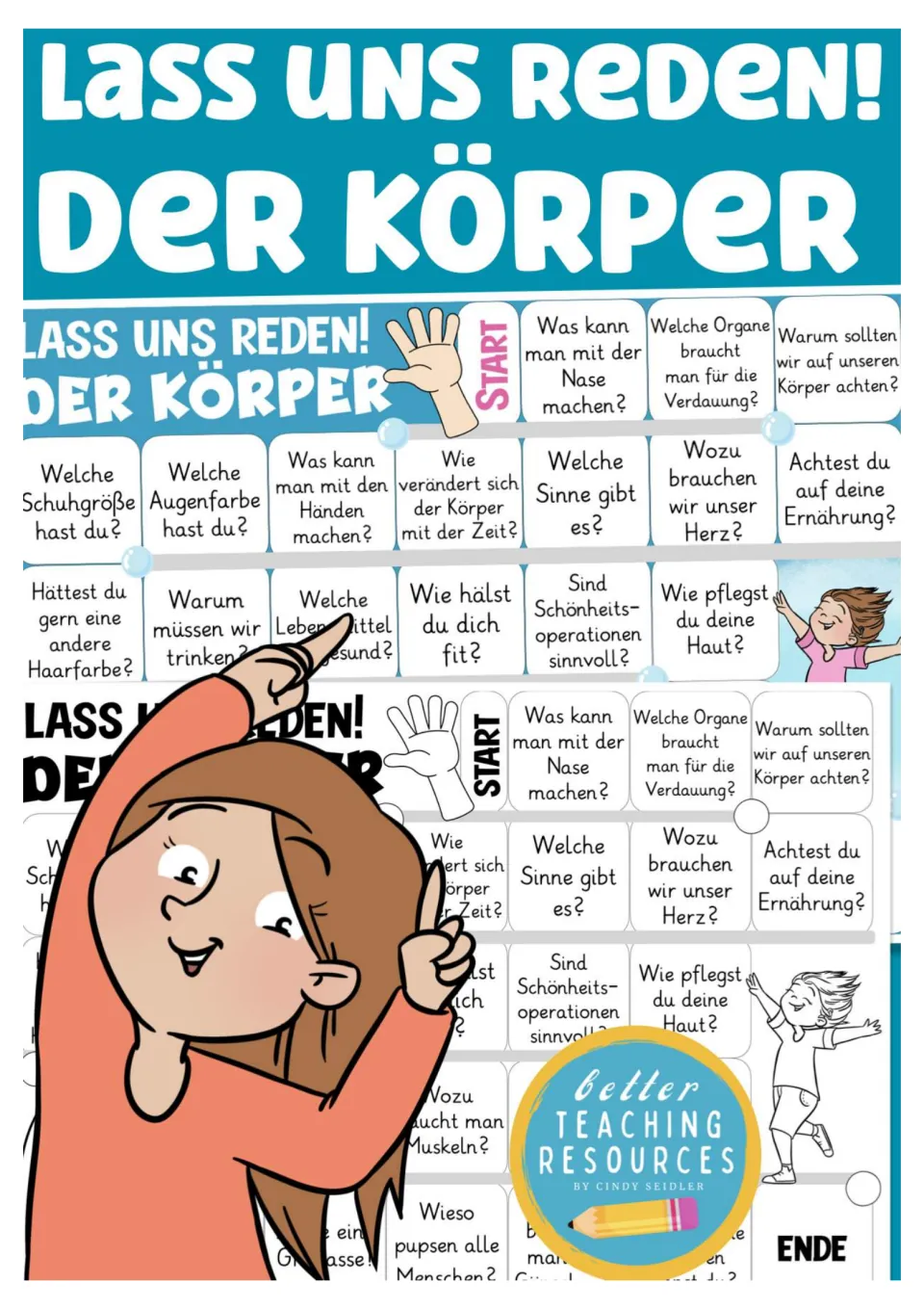 Cover for “Lass uns reden! Der Körper” (Let's talk! The body), showing color and black-and-white game boards